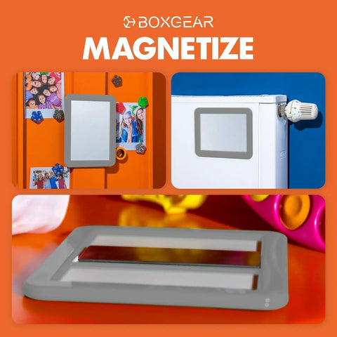 Magnetic Locker Mirror Grab And Go 5 By 7 Inches Portable Gray for lockers, fridges, bathrooms; shown on metal surfaces