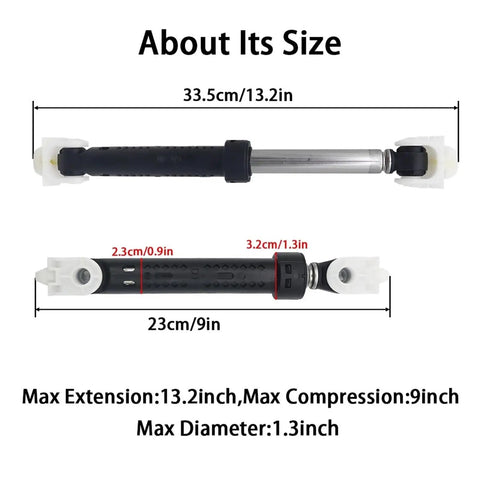 Washer Vibration Damper Shock Absorber dimensions and size details with max extension, compression, and diameter