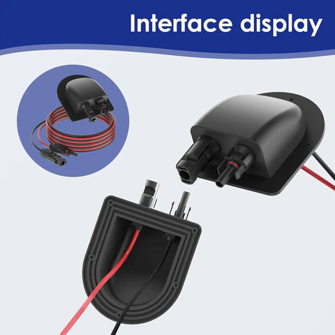 Waterproof Solar Cable Gland Entry Housing And Junction Box For Roof Panels On RVs Boats Campers Vans Buildings Garages And Shacks With 10 Ft 10AWG Solar Extension Cable Connector No-Fuss Install, showing connectors and casing.