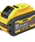 FlexVolt 60V Max Cordless Circular Saw With Brake 9AH battery, yellow and black design, side view showing 20V/60V capability