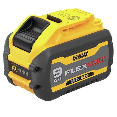 FlexVolt 60V Max Cordless Circular Saw With Brake 9AH battery, yellow and black design, side view showing 20V/60V capability