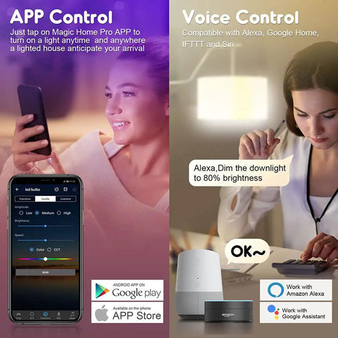 App and voice control for Smart RGB CW LED Bulbs 85W Equivalent 9W E26 Base Color Changing 2.4Ghz WiFi No Hub Needed Works With Google Home Alexa Echo Voice And App Control 4 Pack