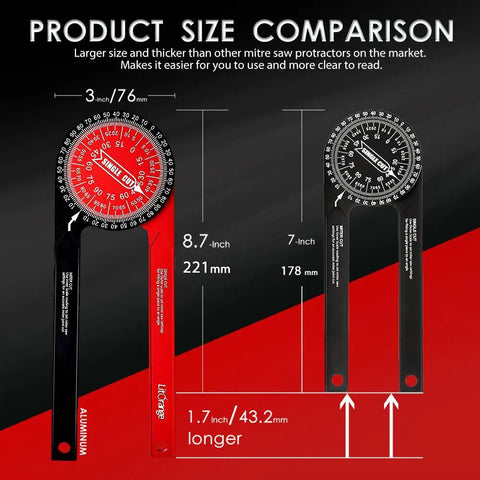 Product size comparison for Precision Laser Etched 8.7 Inch Miter Saw Protractor And Heavy Duty Angle Finder, anodized aluminum.