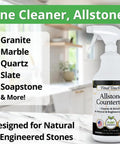Bottle of AllStone Countertop Cleaner Plant Based Stone Safe Daily Use Spray With Scrub Brush on a kitchen counter.