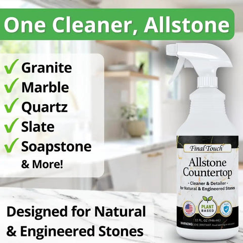 Bottle of AllStone Countertop Cleaner Plant Based Stone Safe Daily Use Spray With Scrub Brush on a kitchen counter.