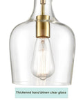 Lit Brushed Gold Pendant Light With Clear Glass Shade, Adjustable 59 Inch Cord, Sleek Modern Hanging Chandelier close-up