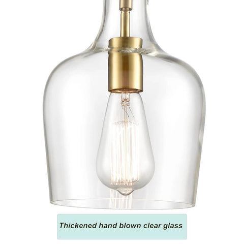 Lit Brushed Gold Pendant Light With Clear Glass Shade, Adjustable 59 Inch Cord, Sleek Modern Hanging Chandelier close-up
