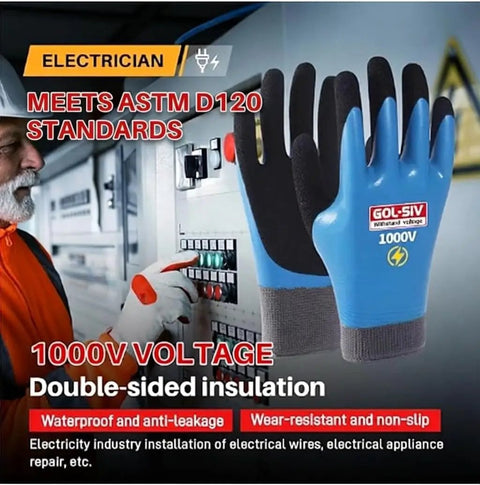 Heavy Hitter Insulated Work Gloves ASTM D120 Certified 1000V Electrical Safety Gear shown with control panel.