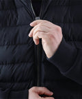 Person using Four In One No Frills Zipper Repair Kit Set With Retainer Boxes And Insertion Pins For Sizes 3 5 8 10 on black jacket.
