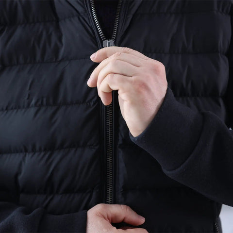 Person using Four In One No Frills Zipper Repair Kit Set With Retainer Boxes And Insertion Pins For Sizes 3 5 8 10 on black jacket.