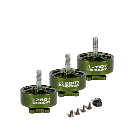 Image of three green 1300KV Brushless FPV Drone Motor 4 Pack For 3-6S LiPo 7 Inch Freestyle Long Range Quad DIY Parts Outrunner With Aluminum Housing