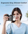 Woman holding Pro Grade DSLR Style Phone Grip With Bluetooth Remote For iPhone And Android Phones, smartphone photography outdoors