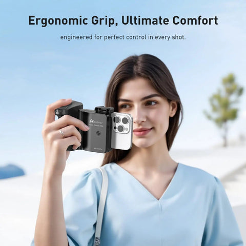 Woman holding Pro Grade DSLR Style Phone Grip With Bluetooth Remote For iPhone And Android Phones, smartphone photography outdoors