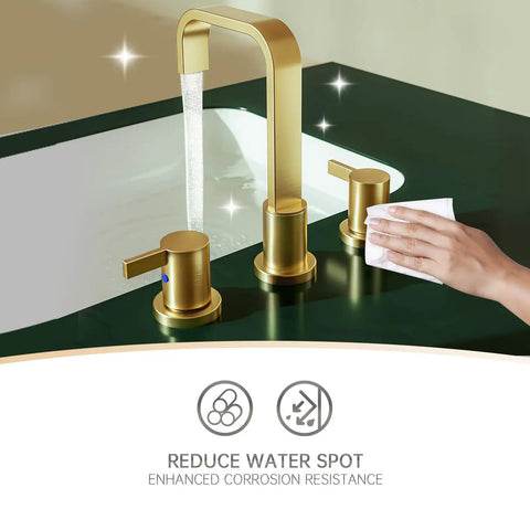 8 Inch Brushed Gold Widespread Bathroom Faucet With 2 Handles And 3 Holes Hexagonal Design Stainless Steel Pop Up Drain