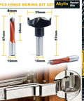 Score This Pro Grade Three Piece Hinge Boring Tool Kit With 35Mm Cut Diameter Bit And Two 8Mm Brad Point Drill Bits shown with sizes.