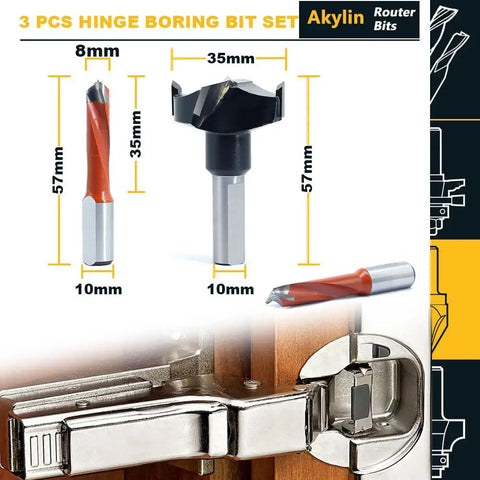 Score This Pro Grade Three Piece Hinge Boring Tool Kit With 35Mm Cut Diameter Bit And Two 8Mm Brad Point Drill Bits shown with sizes.