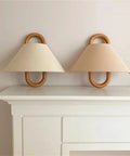 Wall Sconce Lights Indoor Bedroom Hallway Modern Fabric,Wood Ring E14 Lamp for, two beige fabric shades with wood rings.