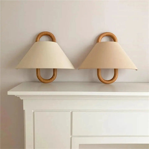 Wall Sconce Lights Indoor Bedroom Hallway Modern Fabric,Wood Ring E14 Lamp for, two beige fabric shades with wood rings.