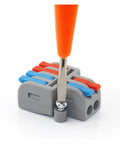 Compact Mini Push In Wire Connector 10 Pcs Splitter Block For Tool Free Splicing Solid And Stranded Copper Wires In Home Wiring Or Led Projects With Flame Retardant Pa66 Housing And Tin Plated Contacts Rated For Heavy Duty Electrical Jobs, gray connector with screwdriver