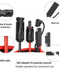 Beefy 1Ft MC4 To SAE Solar Adapter Cable with polarity reverse connector, featuring male & female connectors and dust cover.