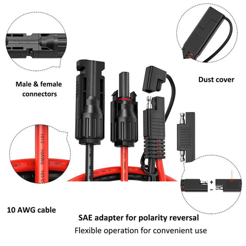 Beefy 1Ft MC4 To SAE Solar Adapter Cable with polarity reverse connector, featuring male & female connectors and dust cover.