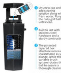 Premium Golf Ball Washer with Variable Hex Brush System instruction steps visible on black unit, North American made