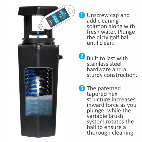 Premium Golf Ball Washer with Variable Hex Brush System instruction steps visible on black unit, North American made