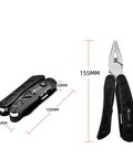 All In One Pliers And 12 In 1 Multitool With Dual LED Lights folded and unfolded with dimensions shown.