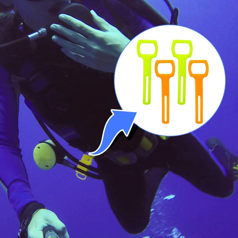 Scuba diver with 4 Piece Silicone Mouthpieces And Octopus Regulator Holder Straps For Scuba Diving in fluorescent colors underwater