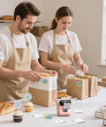 Super Duper Cool M110 Wireless Bluetooth Label Printer, Go To Baby Pink Portable Address Label Maker in bakery setting, labeling baked goods.