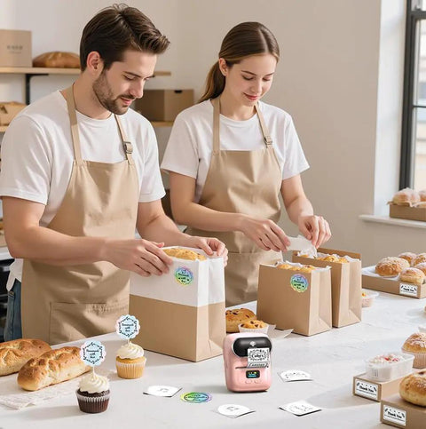 Super Duper Cool M110 Wireless Bluetooth Label Printer, Go To Baby Pink Portable Address Label Maker in bakery setting, labeling baked goods.