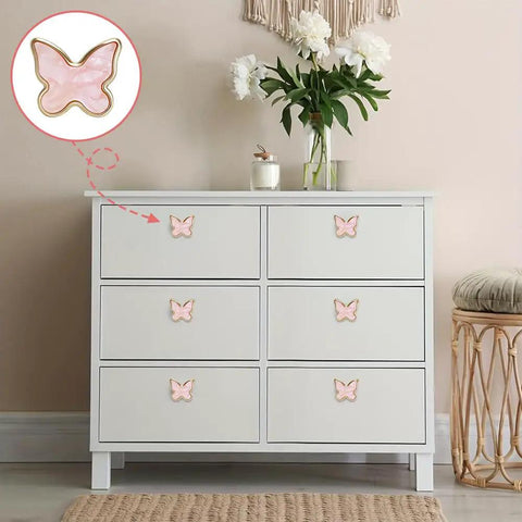 Six Pack Pink Butterfly Drawer Knobs Set For Cabinets Dressers And Wardrobes on white bedroom dresser