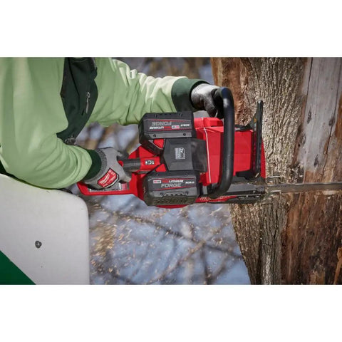 M18 Redlithium Forge 8.0 Ah Rechargeable Battery Pack Featuring Cool Cycle Active Cooling And High Output 12.0 used in chainsaw for tree cutting.