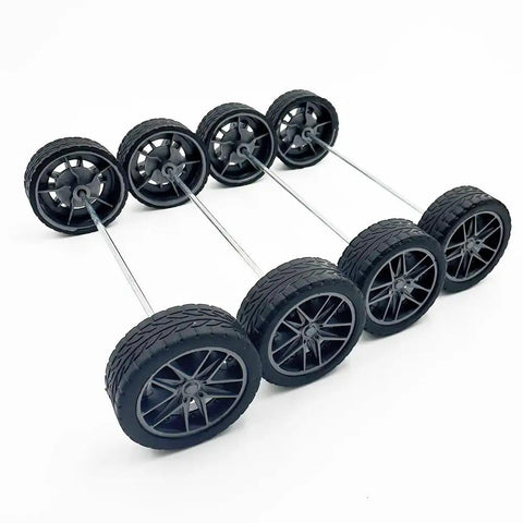 10 Pcs 30mm Rubber Wheels With Metal Shafts Round Axles For RC Cars Trucks Robots DIY Model Toy Wheels Replacement Accessories 2mm Shafts 100mm Length Set