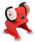 Compact Mini Bench Grinder 18V Battery Power with coarse and fine corundum wheels for buffing and polishing tasks.