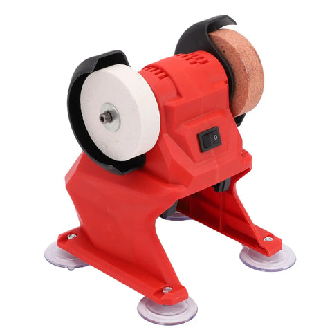WALFRONT Mini Bench Grinder Featuring Powerful All Copper Motor And Two Corundum Wheels in red color with suction cups.