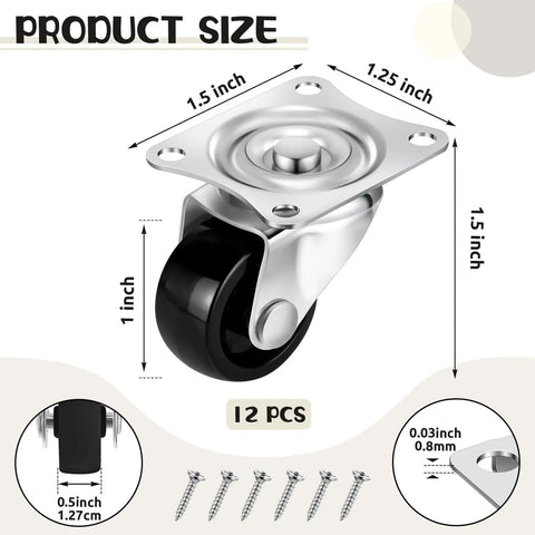 12 Pack 1 Inch Swivel Caster Wheels For Furniture And Appliances Quiet No Noise 360 Degree Rolling Small PP Caster With Screws Included Black Finish Total 33 Lb Weight Capacity