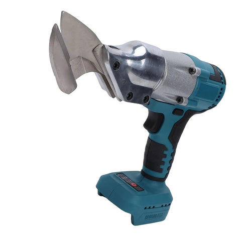 Eboxer Cordless Electric Metal Shears With Variable Speed Control And 360 Degree Rotating Head For Stainless Steel Iron And Leather Cutting Includes Led Light For Automotive Hvac Jobs And Bulk Production Tasks, close-up view of shears with stainless steel blades.