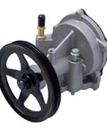 Front view of brake vacuum pump with black pulley on gray housing