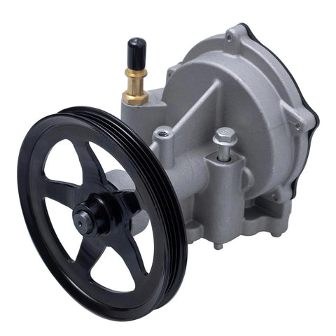 Front view of brake vacuum pump with black pulley on gray housing
