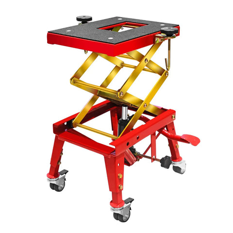 Beefy Heavy Duty Hydraulic Foot Operated Motorcycle Lift Table With 350 Lb Capacity, 15 By 11.5 Inch Platform, Scissor Lift Jack