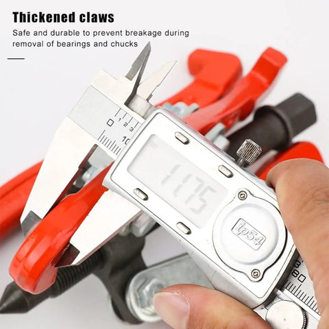 Caliper measuring Beefy Heavy Duty Hydraulic Three Jaw Gear Puller Kit for Bearings, Pulleys, and Flywheels, highlighting thickness