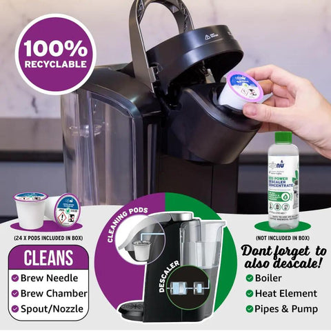 Coffee Machine Cleaning Pods Kit With 24 Rinse Pods Eco Friendly Formula Removes Stale Coffee Residue And Stains Safe For Older And Newer Brewers Quick Easy Hygienic Cleaning At The Push Of A Button shown in use with Keurig machine