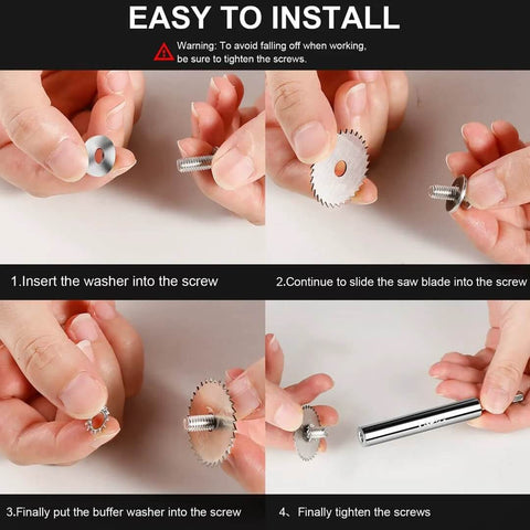 Front view: metal washer and screw held by fingers, LitKiwi 1/4-inch hex shank drill saw kit.
Side view: saw blade guiding onto a threaded screw for LitKiwi drill saw set.
Close-up: toothed circular saw blade aligned with screw for LitKiwi rotary tool.
Installed assembly: hex shank drill saw secured on screw, ready to use.
