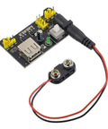 Hands On Breadboard Kit With Power Supply Module And Jumper Wires Battery Clip 830 And 400 Tie Point Boards USB Or DC Power 3V3 Output Under 700mA Great For Prototyping And Maker Projects - power supply module with battery clip visible