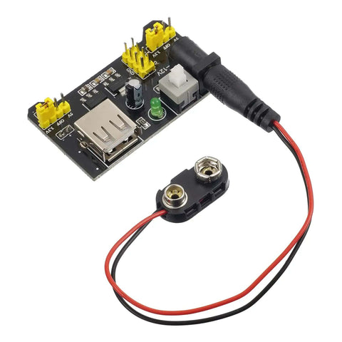 Hands On Breadboard Kit With Power Supply Module And Jumper Wires Battery Clip 830 And 400 Tie Point Boards USB Or DC Power 3V3 Output Under 700mA Great For Prototyping And Maker Projects - power supply module with battery clip visible
