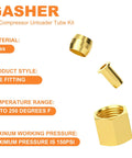 Brass GASHER air compressor unloader tube kit components, three fittings including 1/4 inch sleeve ferrules, compression insert and nut.