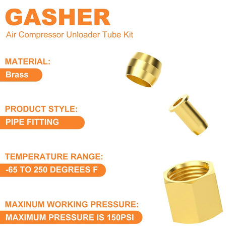 Brass GASHER air compressor unloader tube kit components, three fittings including 1/4 inch sleeve ferrules, compression insert and nut.