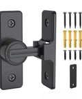 90 Degree Flip Barn Door Lock Heavy Duty Sliding Gate Latch Matte Black Zinc Alloy Rustproof Construction with screws and installation parts