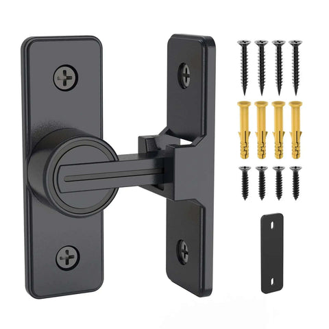 90 Degree Flip Barn Door Lock Heavy Duty Sliding Gate Latch Matte Black Zinc Alloy Rustproof Construction with screws and installation parts